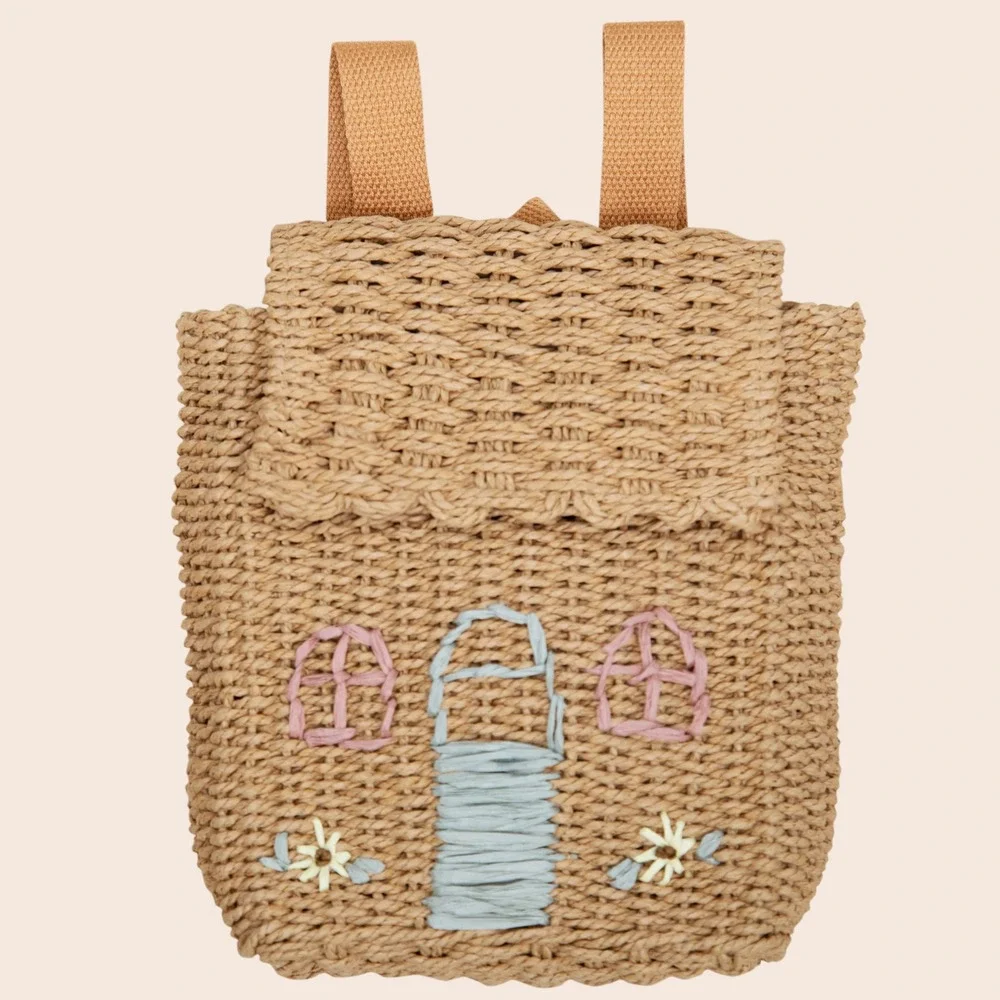 Kids Woven Straw Cottage House Backpack Tan Embroidered Floral Beach Bag